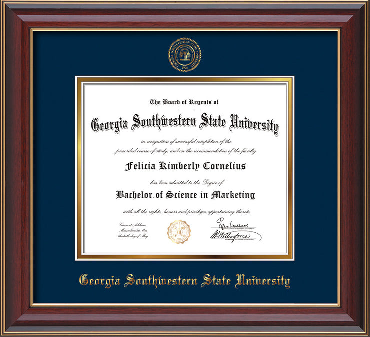 Image of Georgia Southwestern State Univerity Diploma Frame - Cherry Lacquer - w/Embossed Seal & Name - Navy on Gold mat