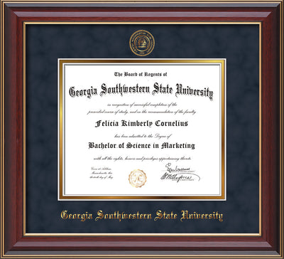 Image of Georgia Southwestern State Univerity Diploma Frame - Cherry Lacquer - w/Embossed Seal & Name - Navy Suede on Gold mat