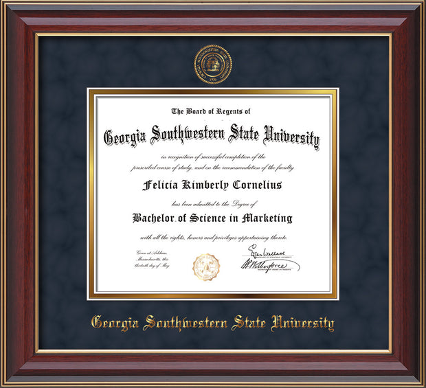 Image of Georgia Southwestern State Univerity Diploma Frame - Cherry Lacquer - w/Embossed Seal & Name - Navy Suede on Gold mat