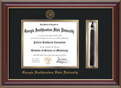 Image of Georgia Southwestern State Univerity Diploma Frame - Cherry Lacquer - w/Embossed Seal & Name - Tassel Holder - Black on Gold mat