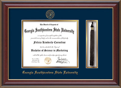 Image of Georgia Southwestern State Univerity Diploma Frame - Cherry Lacquer - w/Embossed Seal & Name - Tassel Holder - Navy on Gold mat