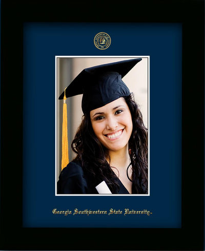 Image of Georgia Southwestern State University 5 x 7 Photo Frame - Flat Matte Black - w/Official Embossing of GSW Seal & Name - Single Navy mat