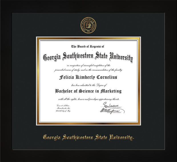 Image of Georgia Southwestern State University Diploma Frame - Flat Matte Black - w/Embossed Seal & Name - Black on Gold mat