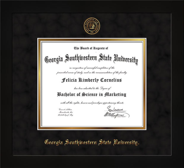 Image of Georgia Southwestern State University Diploma Frame - Flat Matte Black - w/Embossed Seal & Name - Black Suede on Gold mat