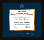 Image of Georgia Southwestern State University Diploma Frame - Flat Matte Black - w/Embossed Seal & Name - Navy on Gold mat