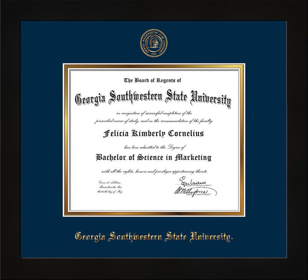 Image of Georgia Southwestern State University Diploma Frame - Flat Matte Black - w/Embossed Seal & Name - Navy on Gold mat