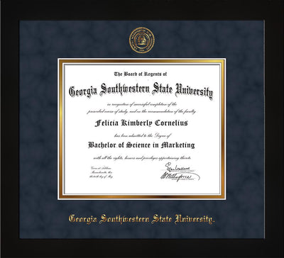Image of Georgia Southwestern State University Diploma Frame - Flat Matte Black - w/Embossed Seal & Name - Navy Suede on Gold mat