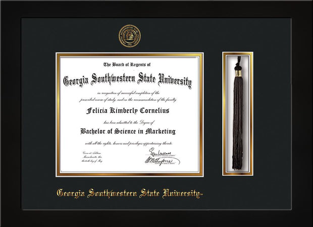 Image of Georgia Southwestern State University Diploma Frame - Flat Matte Black - w/Embossed Seal & Name - Tassel Holder - Black on Gold mat