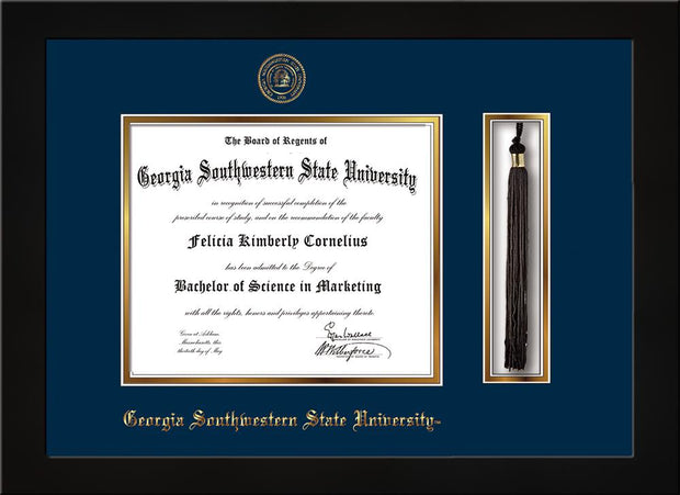 Image of Georgia Southwestern State University Diploma Frame - Flat Matte Black - w/Embossed Seal & Name - Tassel Holder - Navy on Gold mat