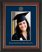 Image of Georgia Southwestern State University 5 x 7 Photo Frame - Rosewood w/Gold Lip - w/Official Embossing of GSW Seal & Name - Single Navy mat