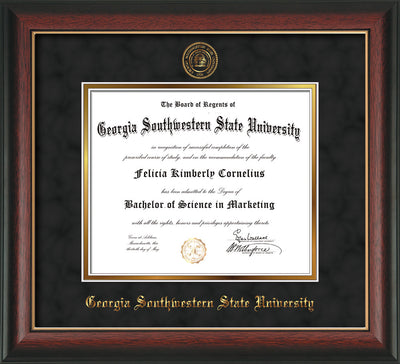 Image of Georgia Southwestern State Univerity Diploma Frame - Rosewood w/Gold Lip - w/Embossed Seal & Name - Black Suede on Gold mat