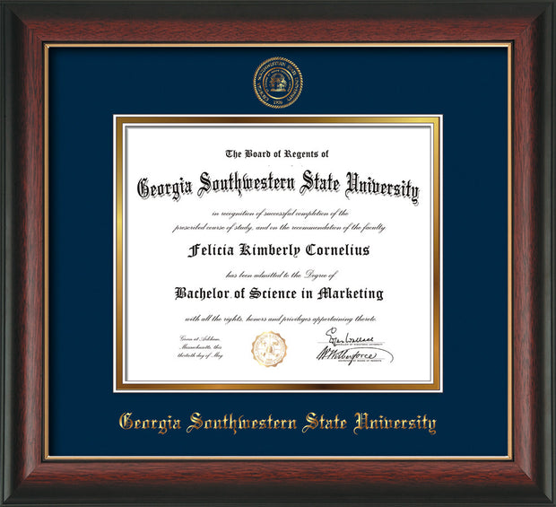 Image of Georgia Southwestern State Univerity Diploma Frame - Rosewood w/Gold Lip - w/Embossed Seal & Name - Navy on Gold mat