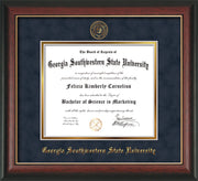Image of Georgia Southwestern State Univerity Diploma Frame - Rosewood w/Gold Lip - w/Embossed Seal & Name - Navy Suede on Gold mat