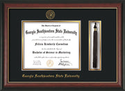 Image of Georgia Southwestern State Univerity Diploma Frame - Rosewood w/Gold Lip - w/Embossed Seal & Name - Tassel Holder - Black on Gold mat