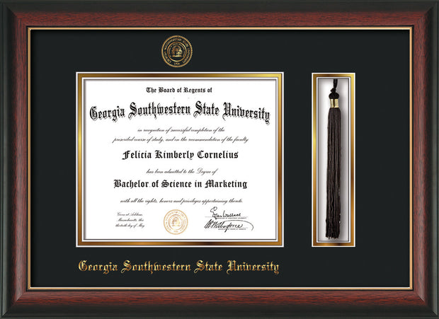 Image of Georgia Southwestern State Univerity Diploma Frame - Rosewood w/Gold Lip - w/Embossed Seal & Name - Tassel Holder - Black on Gold mat