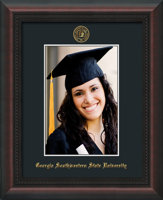 Image of Georgia Southwestern State University 5 x 7 Photo Frame - Mahogany Braid - w/Official Embossing of GSW Seal & Name - Single Black mat