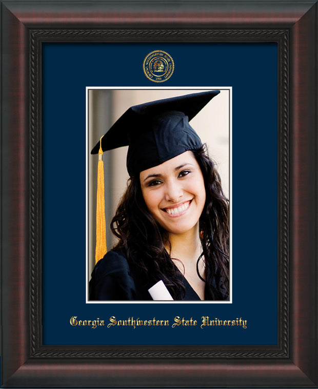 Image of Georgia Southwestern State University 5 x 7 Photo Frame - Mahogany Braid - w/Official Embossing of GSW Seal & Name - Single Navy mat