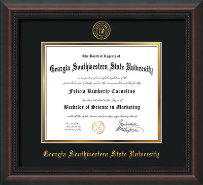 Image of Georgia Southwestern State Univerity Diploma Frame - Mahogany Braid - w/Embossed Seal & Name - Black on Gold mat