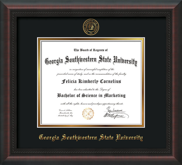 Image of Georgia Southwestern State Univerity Diploma Frame - Mahogany Braid - w/Embossed Seal & Name - Black on Gold mat