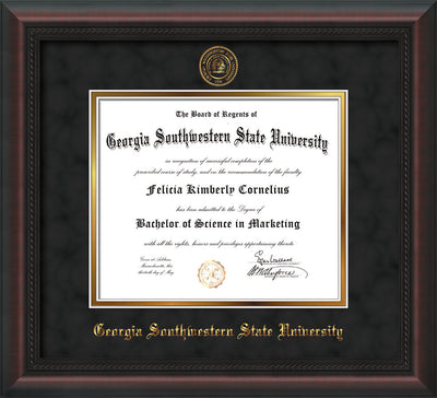 Image of Georgia Southwestern State Univerity Diploma Frame - Mahogany Braid - w/Embossed Seal & Name - Black Suede on Gold mat