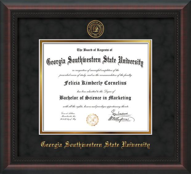 Image of Georgia Southwestern State Univerity Diploma Frame - Mahogany Braid - w/Embossed Seal & Name - Black Suede on Gold mat