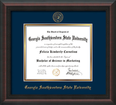Image of Georgia Southwestern State Univerity Diploma Frame - Mahogany Braid - w/Embossed Seal & Name - Navy on Gold mat