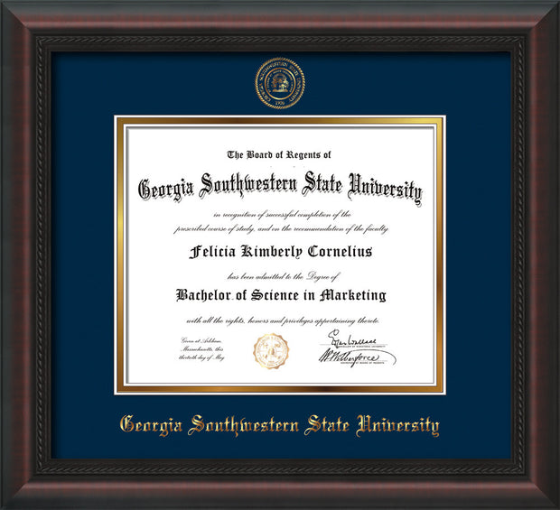 Image of Georgia Southwestern State Univerity Diploma Frame - Mahogany Braid - w/Embossed Seal & Name - Navy on Gold mat