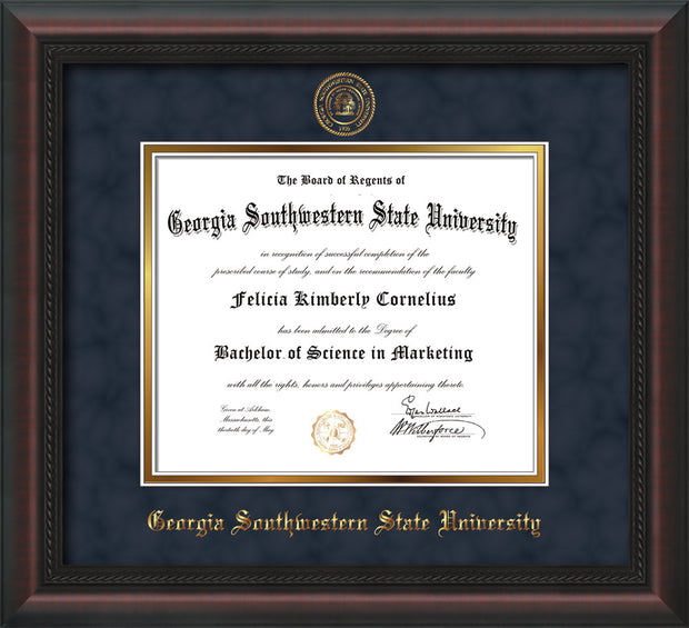 Image of Georgia Southwestern State Univerity Diploma Frame - Mahogany Braid - w/Embossed Seal & Name - Navy Suede on Gold mat