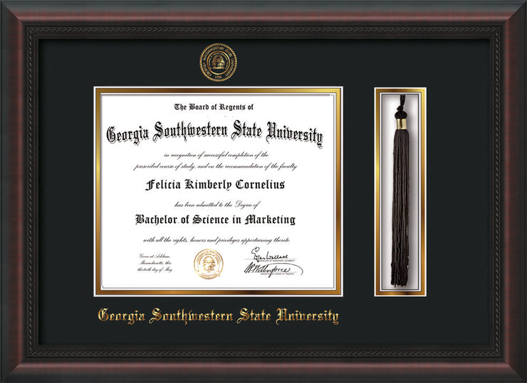 Image of Georgia Southwestern State Univerity Diploma Frame - Mahogany Braid - w/Embossed Seal & Name - Tassel Holder - Black on Gold mat