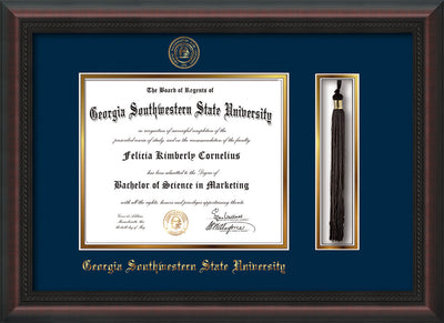 Image of Georgia Southwestern State Univerity Diploma Frame - Mahogany Braid - w/Embossed Seal & Name - Tassel Holder - Navy on Gold mat