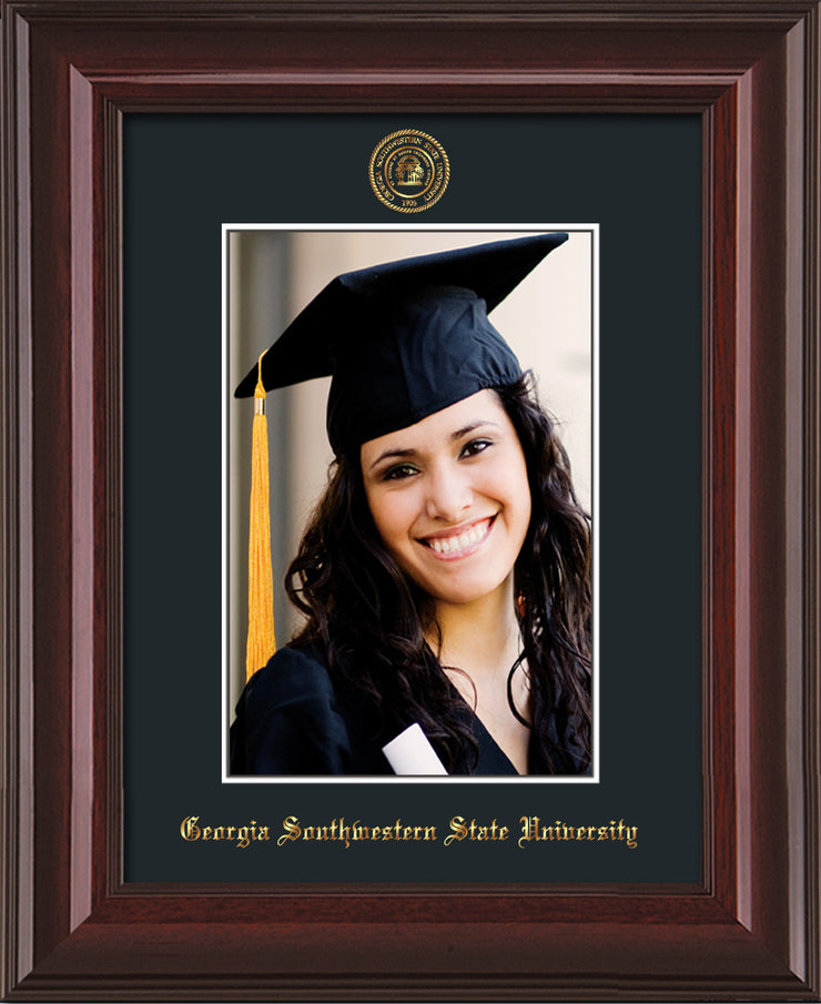 Image of Georgia Southwestern State University 5 x 7 Photo Frame - Mahogany Lacquer - w/Official Embossing of GSW Seal & Name - Single Black mat