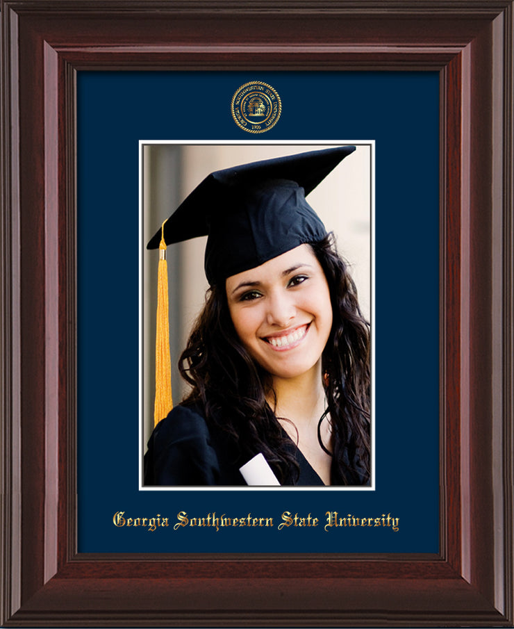 Image of Georgia Southwestern State University 5 x 7 Photo Frame - Mahogany Lacquer - w/Official Embossing of GSW Seal & Name - Single Navy mat