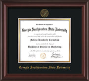 Image of Georgia Southwestern State Univerity Diploma Frame - Mahogany Lacquer - w/Embossed Seal & Name - Black on Gold mat