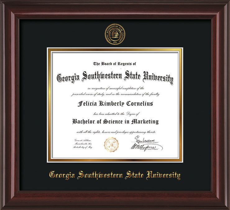 Image of Georgia Southwestern State Univerity Diploma Frame - Mahogany Lacquer - w/Embossed Seal & Name - Black on Gold mat