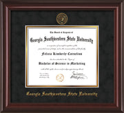 Image of Georgia Southwestern State Univerity Diploma Frame - Mahogany Lacquer - w/Embossed Seal & Name - Black Suede on Gold mat