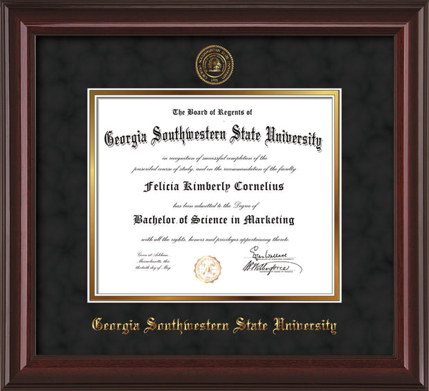 Image of Georgia Southwestern State Univerity Diploma Frame - Mahogany Lacquer - w/Embossed Seal & Name - Black Suede on Gold mat