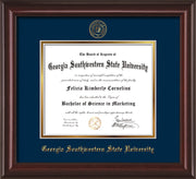 Image of Georgia Southwestern State Univerity Diploma Frame - Mahogany Lacquer - w/Embossed Seal & Name - Navy on Gold mat