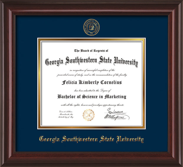 Image of Georgia Southwestern State Univerity Diploma Frame - Mahogany Lacquer - w/Embossed Seal & Name - Navy on Gold mat