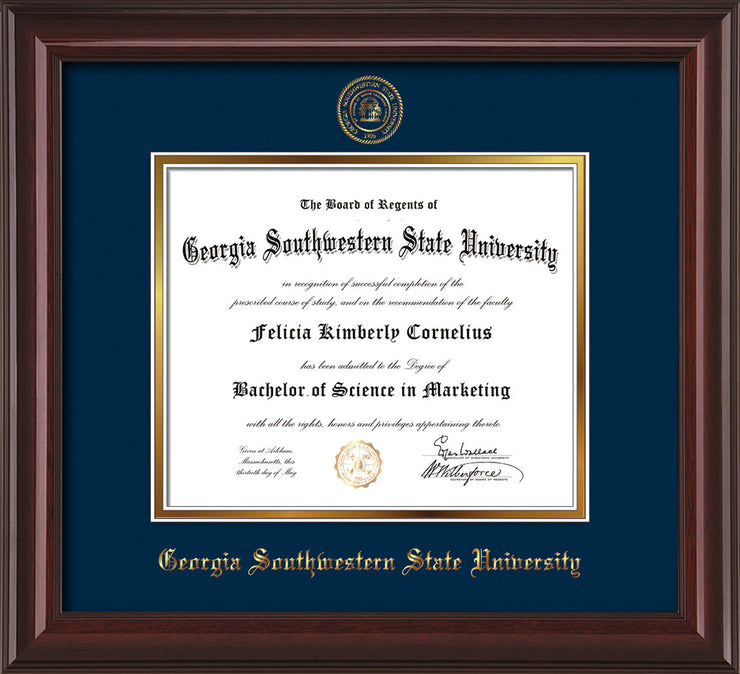 Image of Georgia Southwestern State Univerity Diploma Frame - Mahogany Lacquer - w/Embossed Seal & Name - Navy on Gold mat