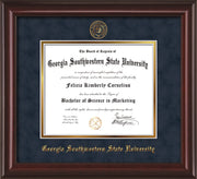 Image of Georgia Southwestern State Univerity Diploma Frame - Mahogany Lacquer - w/Embossed Seal & Name - Navy Suede on Gold mat