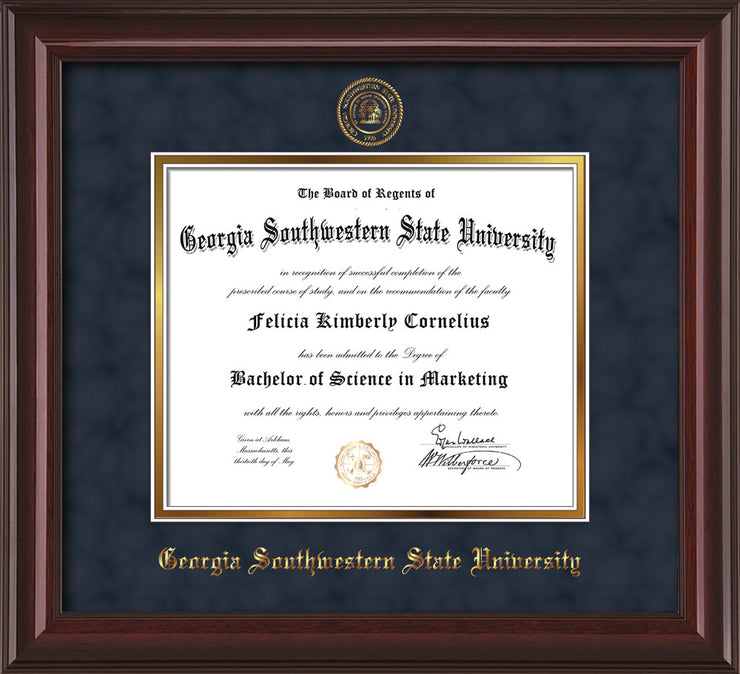 Image of Georgia Southwestern State Univerity Diploma Frame - Mahogany Lacquer - w/Embossed Seal & Name - Navy Suede on Gold mat