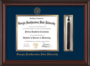 Image of Georgia Southwestern State Univerity Diploma Frame - Mahogany Lacquer - w/Embossed Seal & Name - Tassel Holder - Navy on Gold mat