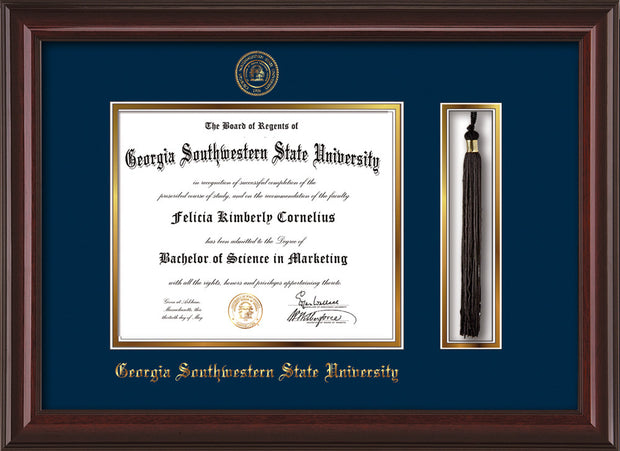 Image of Georgia Southwestern State Univerity Diploma Frame - Mahogany Lacquer - w/Embossed Seal & Name - Tassel Holder - Navy on Gold mat