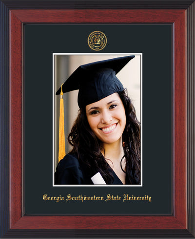 Image of Georgia Southwestern State University 5 x 7 Photo Frame - Cherry Reverse - w/Official Embossing of GSW Seal & Name - Single Black mat