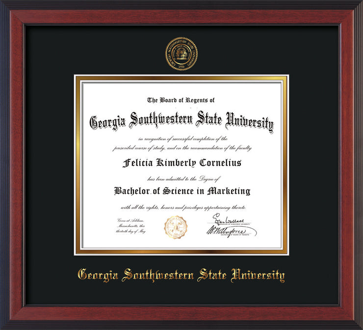 Image of Georgia Southwestern State Univerity Diploma Frame - Cherry Reverse - w/Embossed Seal & Name - Black on Gold mat
