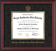 Image of Georgia Southwestern State Univerity Diploma Frame - Cherry Reverse - w/Embossed Seal & Name - Black Suede on Gold mat
