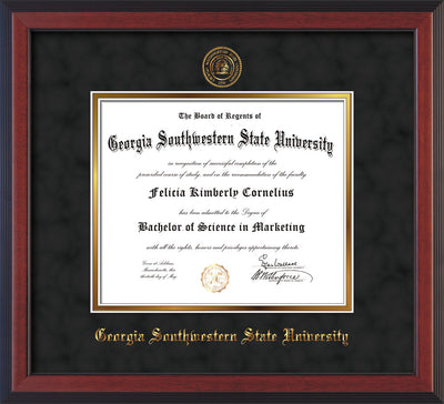 Image of Georgia Southwestern State Univerity Diploma Frame - Cherry Reverse - w/Embossed Seal & Name - Black Suede on Gold mat