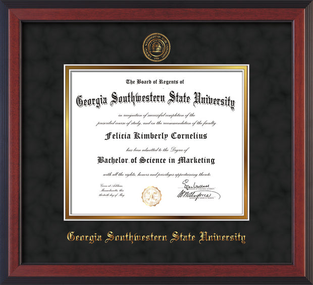 Image of Georgia Southwestern State Univerity Diploma Frame - Cherry Reverse - w/Embossed Seal & Name - Black Suede on Gold mat
