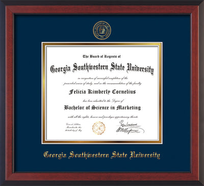 Image of Georgia Southwestern State Univerity Diploma Frame - Cherry Reverse - w/Embossed Seal & Name - Navy on Gold mat