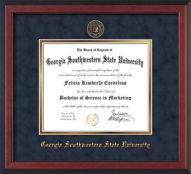 Image of Georgia Southwestern State Univerity Diploma Frame - Cherry Reverse - w/Embossed Seal & Name - Navy Suede on Gold mat
